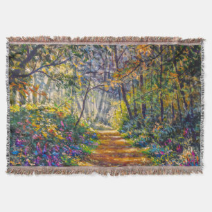 Impressionism Path: Sunny Forest Watercolor Throw Blanket