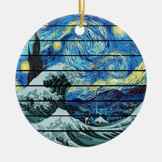 IMPRESSIONISM STARRY NIGHT WAVE OF KANAGAWA ART CERAMIC TREE DECORATION (Front)
