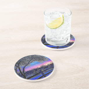 impressionism sunrise landscape winter trees coaster
