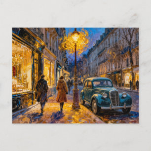 Impressionist Autumn City Evening with Vintage Atm Postcard