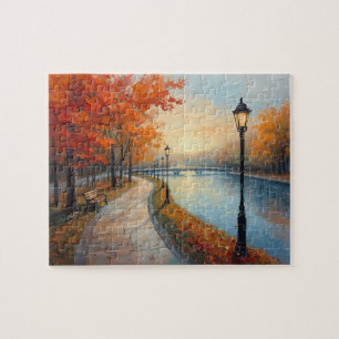 Impressionist Autumn River Walk Lamp Posts Jigsaw Puzzle