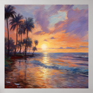 Impressionist Beauty: Beach, Palms, and Sunset Poster