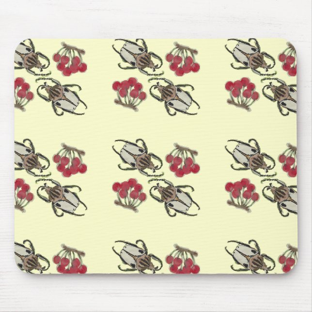 Impressionist Beetle & Cherry Watercolor Pattern Mouse Mat (Front)