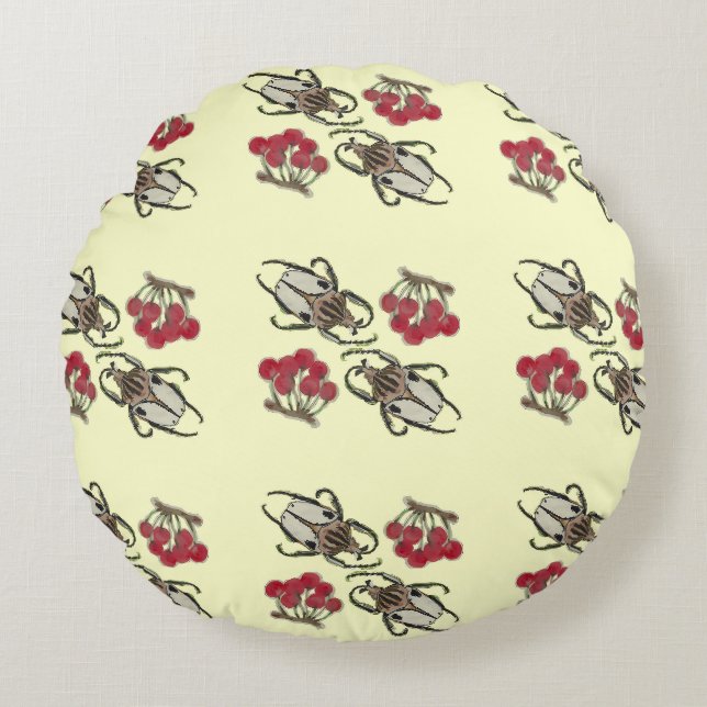 Impressionist Beetle & Cherry Watercolor Pattern Round Cushion (Front)