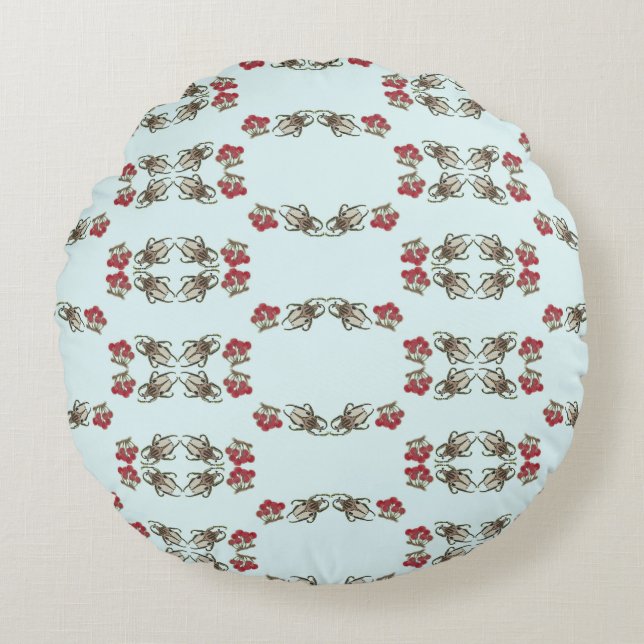 Impressionist Beetle & Cherry Watercolor Pattern Round Cushion (Front)