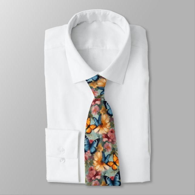 Impressionist Butterflies and Flowers Tie (Tied)