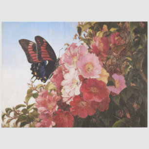 Impressionist Butterfly and Pink Flowers Decoupage Tissue Paper