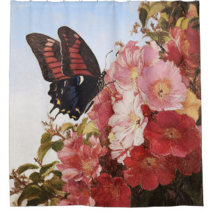 Impressionist Butterfly and Pink Flowers Shower Curtain