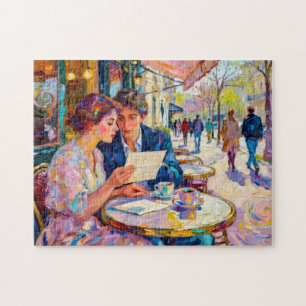 Impressionist Café Couple Reading and Debating Let Jigsaw Puzzle