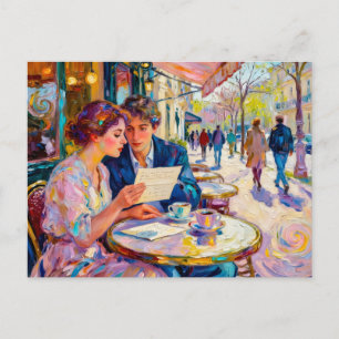 Impressionist Café Couple Reading and Debating Let Postcard