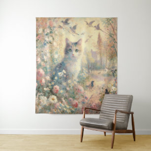 Impressionist Cat and Floral Tapestry