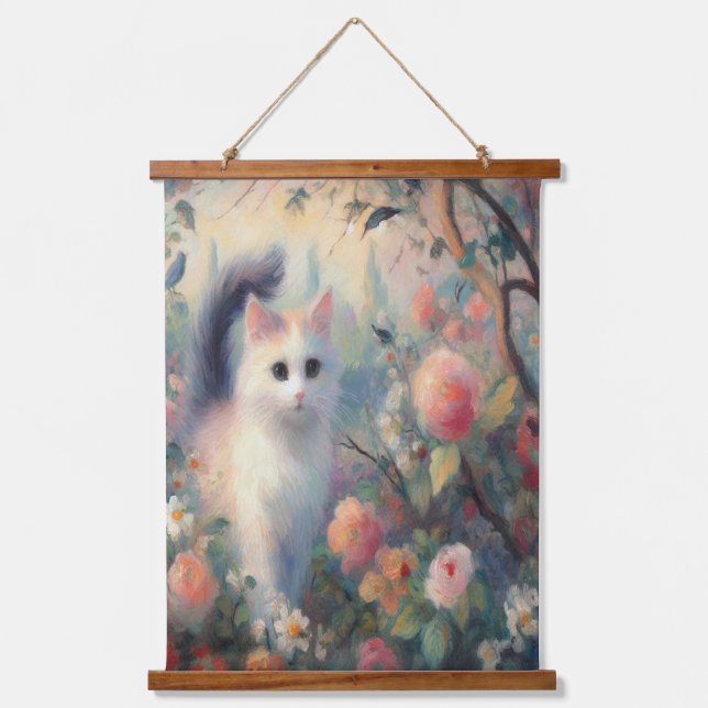 Impressionist Cat and Floral Wood Topped Wall Tape Hanging Tapestry (Front)
