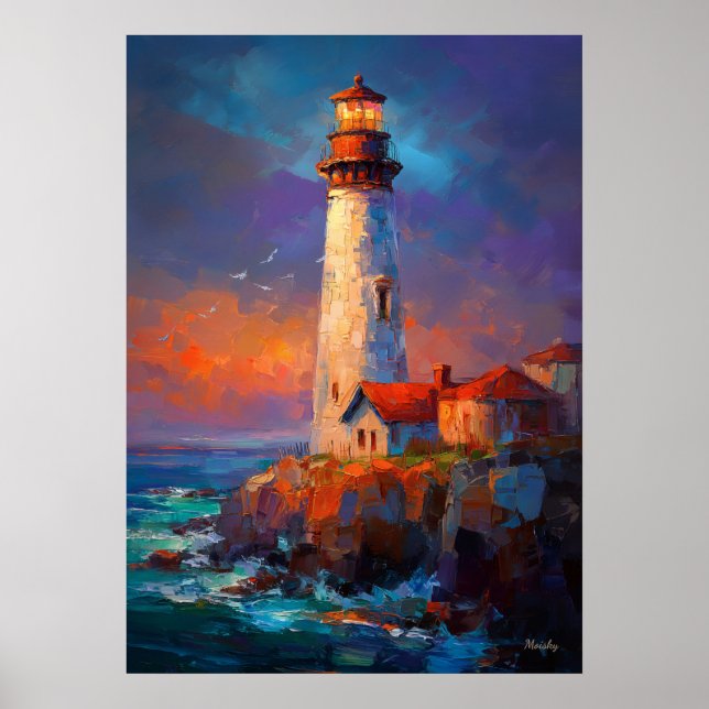 Impressionist Coastal Lighthouse Seascape Painting Poster (Front)