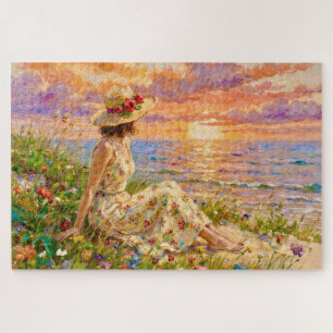 Impressionist Coastal Sunset   Woman on Beach  Jigsaw Puzzle