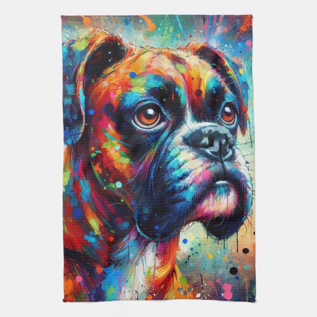 Impressionist Colourful Pop Art Boxer Dog Painting Tea Towel (Vertical)