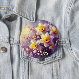 Impressionist Daffodil Floral Purple Personalised 10 Cm Round Badge