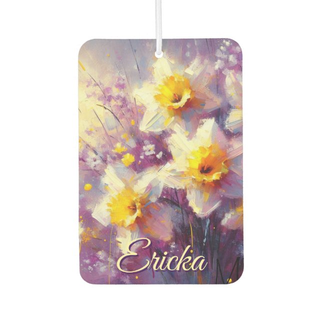 Impressionist Daffodil Floral Purple Personalised Car Air Freshener (Front)