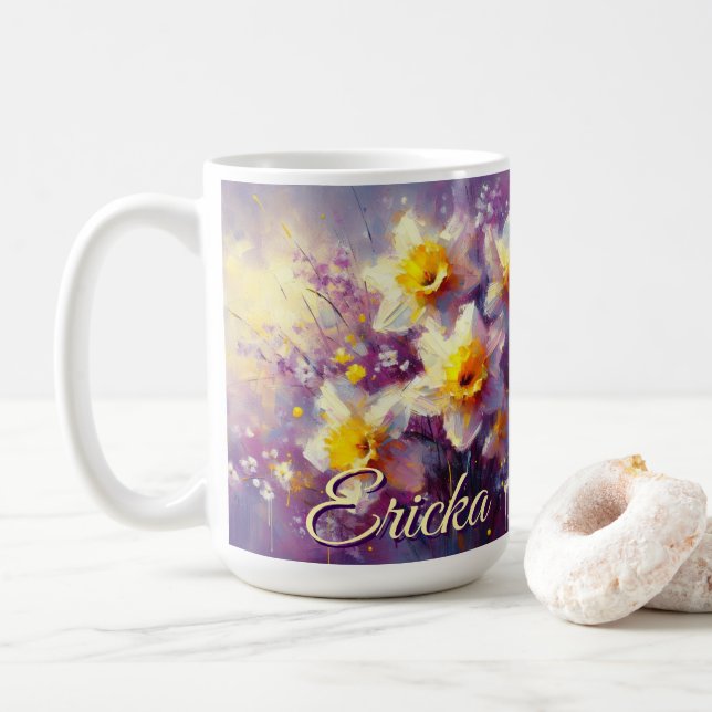 Impressionist Daffodil Floral Purple Personalised Coffee Mug (With Donut)