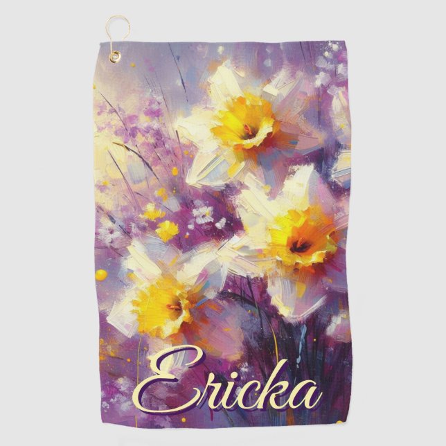 Impressionist Daffodil Floral Purple Personalised Golf Towel (Front)