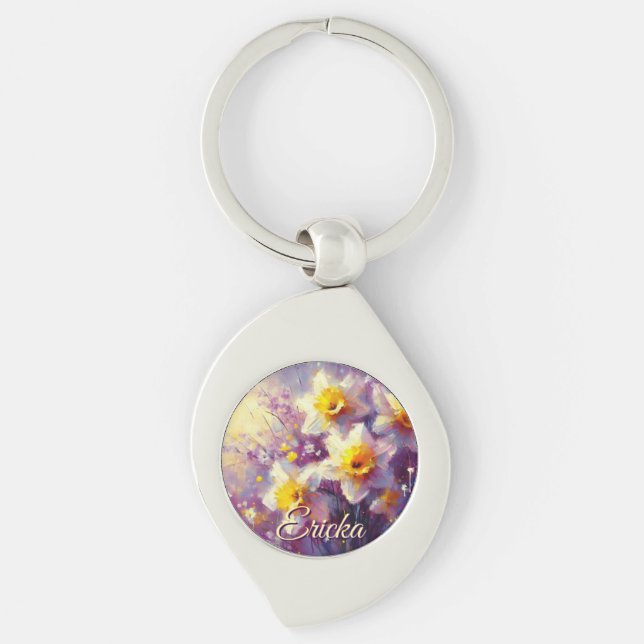 Impressionist Daffodil Floral Purple Personalised Key Ring (Front)