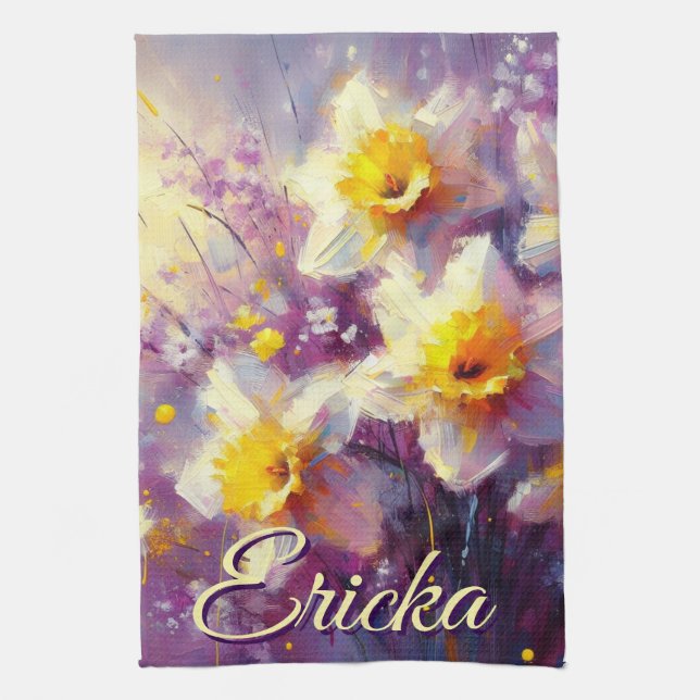 Impressionist Daffodil Floral Purple Personalised Tea Towel (Vertical)
