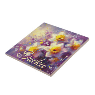 Impressionist Daffodil Floral Purple Personalised Tile