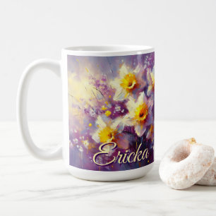 Impressionist Daffodil Floral Purple Personalized Coffee Mug