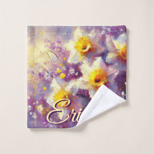 Impressionist Daffodil Floral Purple Personalized Wash Cloth