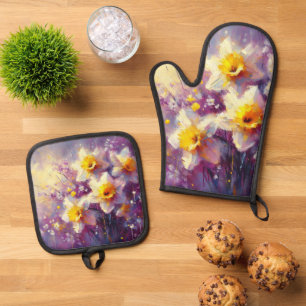 Impressionist Daffodil Floral Purple Yellow Art Oven Mitt & Pot Holder Set