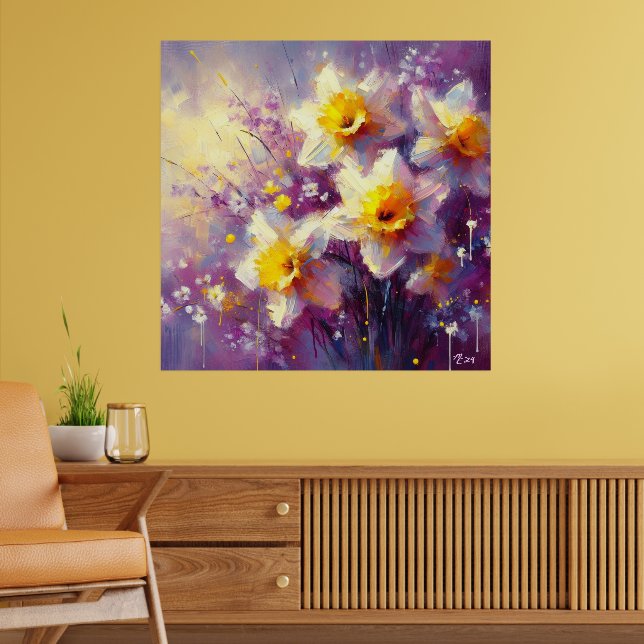 Impressionist Daffodil Floral Purple Yellow Art Poster (Living Room 2)