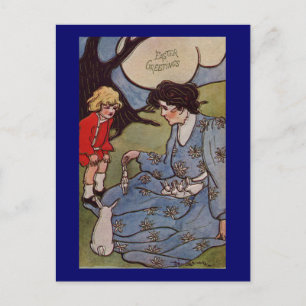Impressionist Easter Lady with Rabbit Babies Holiday Postcard