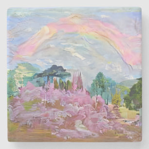 Impressionist Fantasy Landscape Watercolor Rainbow Stone Coaster