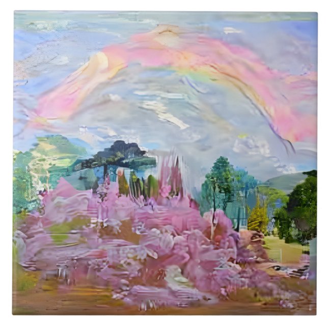 Impressionist Fantasy Landscape Watercolor Rainbow Tile (Front)