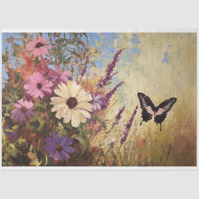 Impressionist Flowers and Butterfly Decoupage Tissue Paper (Front)