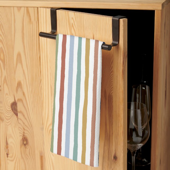 Impressionist-Inspired Colours Hand-Drawn Stripes Tea Towel (Thirds Fold)