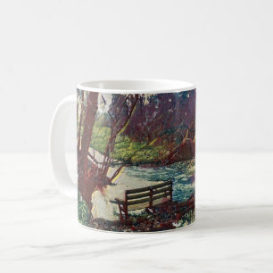Impressionist Lakeside Bench at Willow Hall Dam Coffee Mug