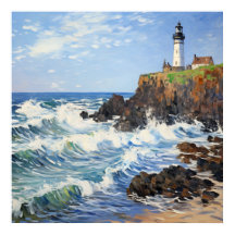 Impressionist Lighthouse Painting In Coastal Land