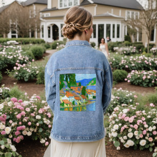 Impressionist  Mediterranean Village by the Sea   Denim Jacket