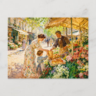 Impressionist Mother and Child at Colourful Market Postcard