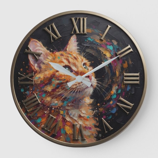 Impressionist Orange Tabby Cat Colorful  Large Clock (Front)