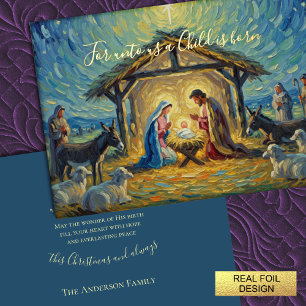 Impressionist Painting Nativity Scene Foil Holiday Card