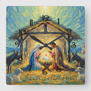 Impressionist Painting Nativity Scene Square Wall Clock