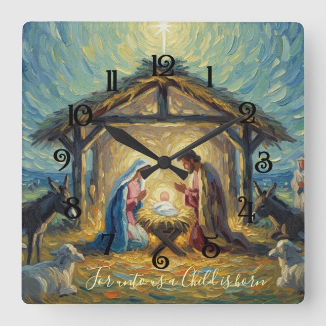 Impressionist Painting Nativity Scene Square Wall Clock (Front)