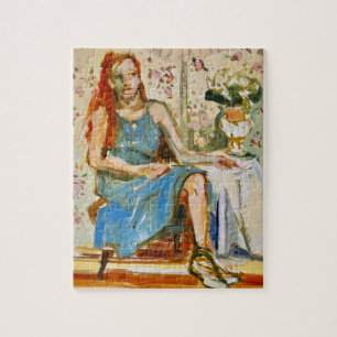 Impressionist painting, woman in blue, art puzzle