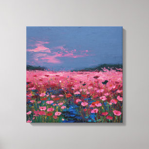 Impressionist Pink Poppy Field Textured Canvas Wal