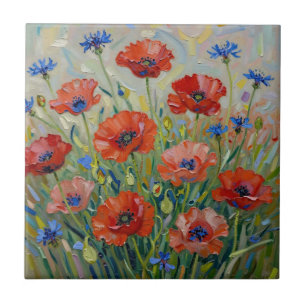 Impressionist Red Poppy Field Tile