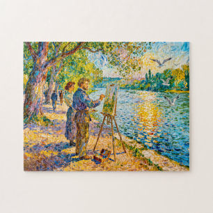 Impressionist Riverside Painter Scene with Park Vi Jigsaw Puzzle