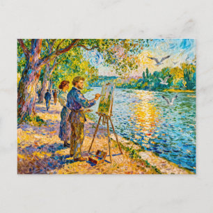 Impressionist Riverside Painter Scene with Park Vi Postcard
