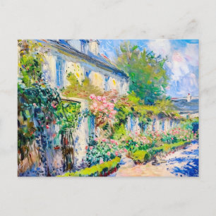 Impressionist roses on summer house wall holiday postcard