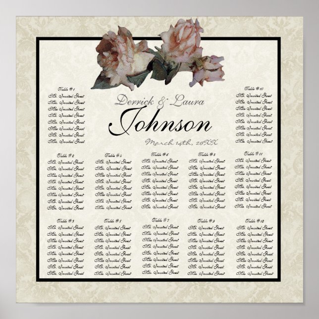 Impressionist Roses  Reception Table Seating Chart (Front)